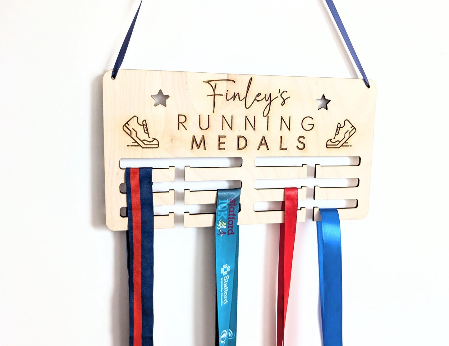 Personalised running medal holder. Wooden wall running medal hanger. Personalised running medal display. Medal holder for running.