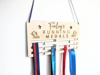 Personalised running medal holder. Wooden wall running medal hanger. Personalised running medal display. Medal holder for running.