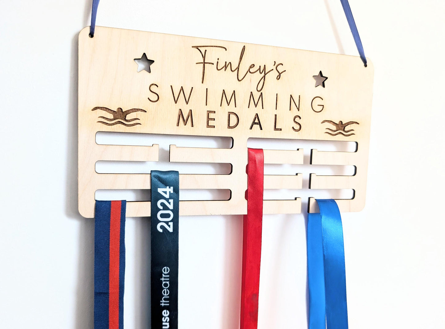 Personalised swimming medal holder. Wooden wall swimming medal hanger. Personalised swimming medal display. Medal holder for swimming medals