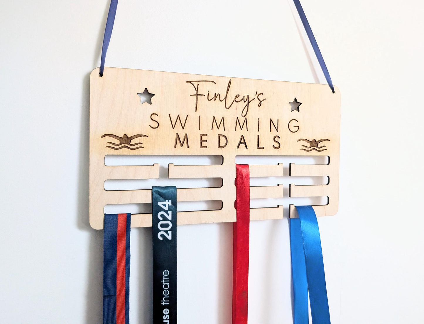 Personalised swimming medal holder. Wooden wall swimming medal hanger. Personalised swimming medal display. Medal holder for swimming medals