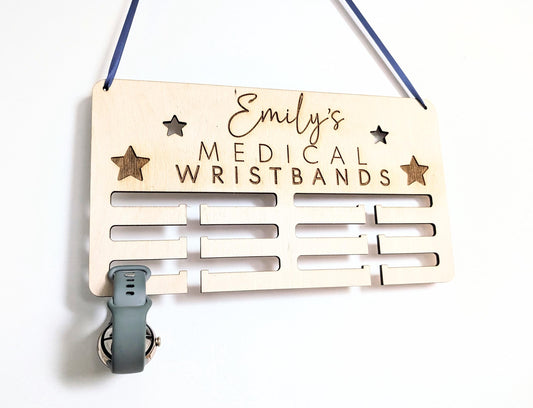 Personalised medical wristband holder. Wooden wall medical wristband hanger. Personalised holder for medical wristbands and bracelets.