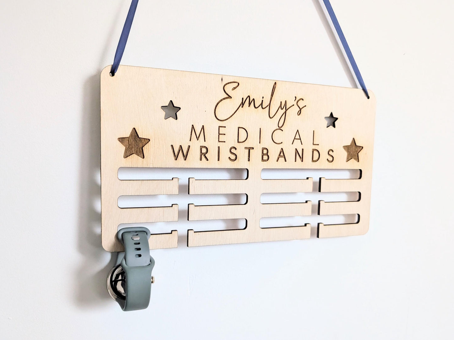 Personalised medical wristband holder. Wooden wall medical wristband hanger. Personalised holder for medical wristbands and bracelets.