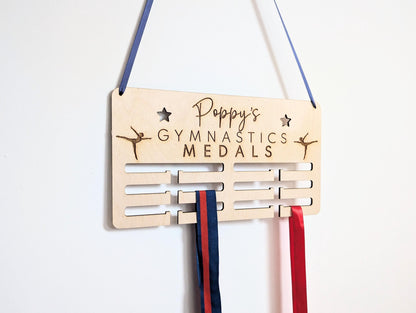 Personalised gymnastics medal holder. Wood wall gymnastics medal hanger. Personalised gymnastics medal display. Medal holder for gymnastics