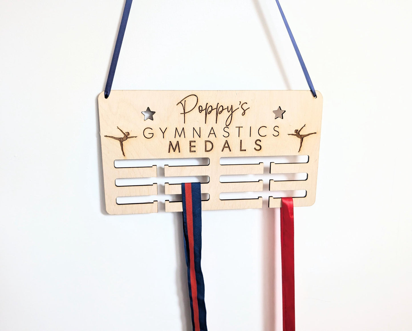 Personalised gymnastics medal holder. Wood wall gymnastics medal hanger. Personalised gymnastics medal display. Medal holder for gymnastics