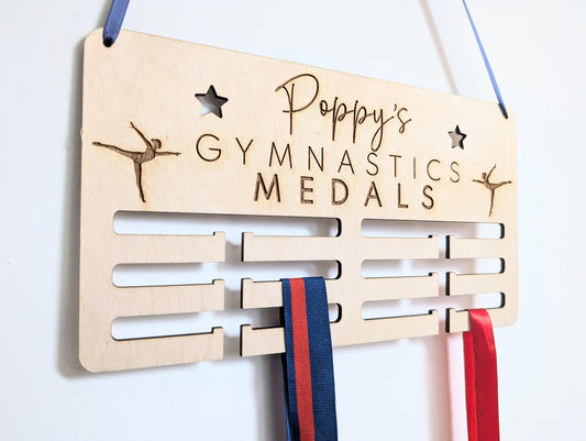 Personalised gymnastics medal holder. Wood wall gymnastics medal hanger. Personalised gymnastics medal display. Medal holder for gymnastics