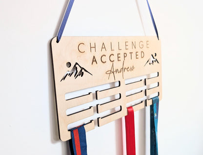 Personalised challenge accepted medal holder. Wooden wall medal hanger. Personalised medal display. Challenge accepted medal holder.