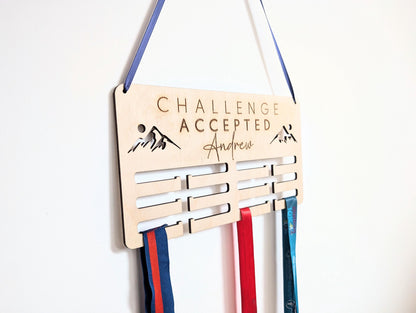 Personalised challenge accepted medal holder. Wooden wall medal hanger. Personalised medal display. Challenge accepted medal holder.