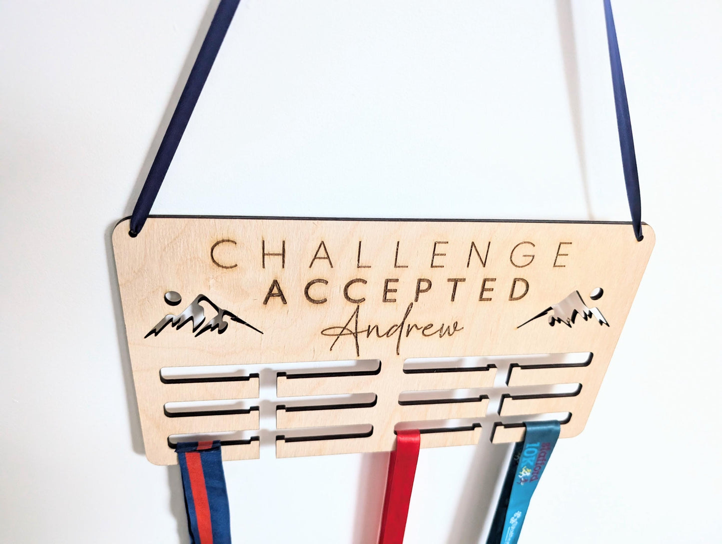 Personalised challenge accepted medal holder. Wooden wall medal hanger. Personalised medal display. Challenge accepted medal holder.