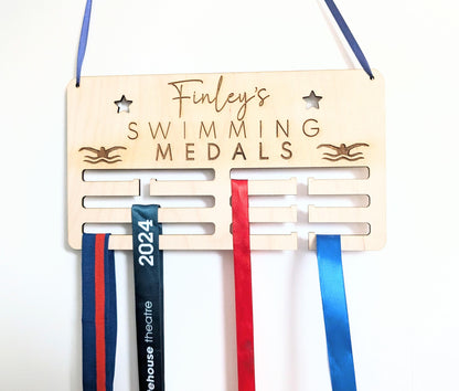 Personalised swimming medal holder. Wooden wall swimming medal hanger. Personalised swimming medal display. Medal holder for swimming medals