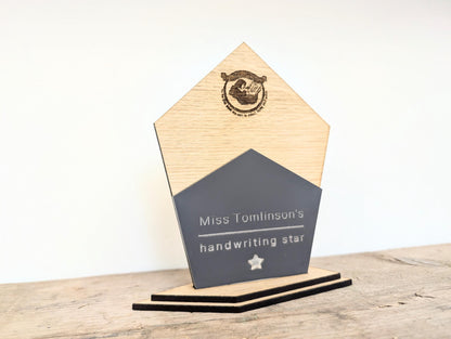 Personalised engraved school teacher trophy award (large, medium, small) - any logo/icon. School trophies from teachers for children.