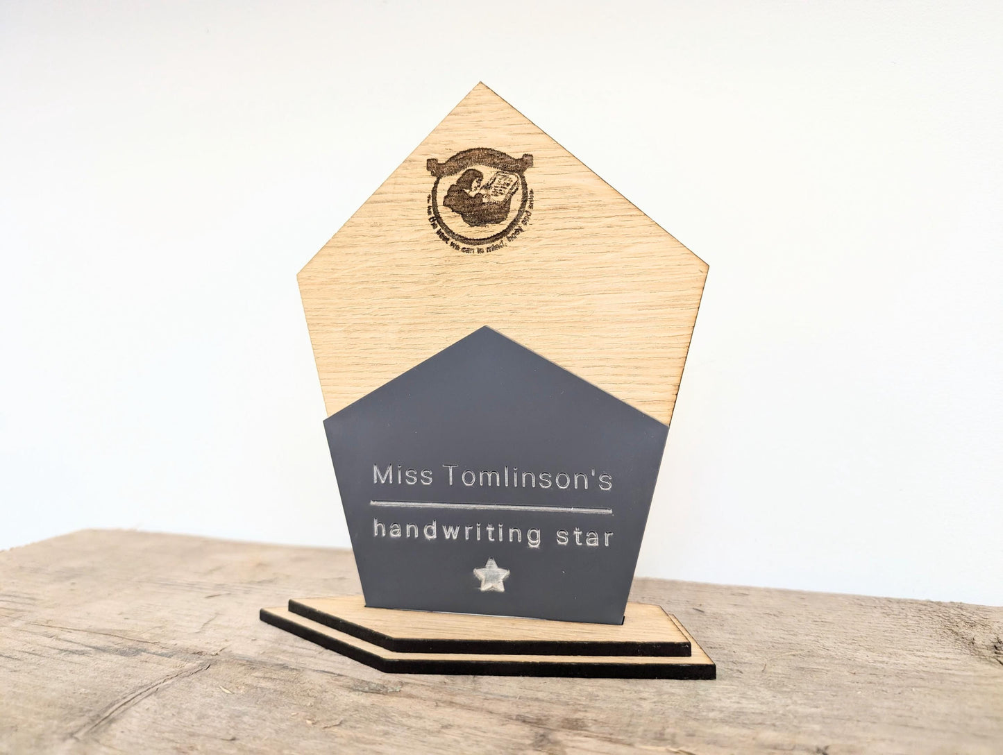 Personalised engraved school teacher trophy award (large, medium, small) - any logo/icon. School trophies from teachers for children.