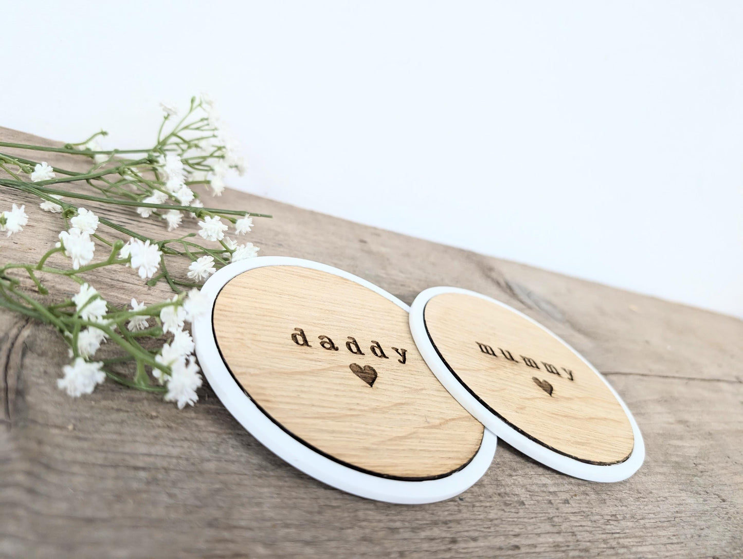 Personalised Mummy and Daddy Set of Coasters, Rustic Wooden Set of 2 Coasters for a Mummy and Daddy. New Baby Gift for New Parents.