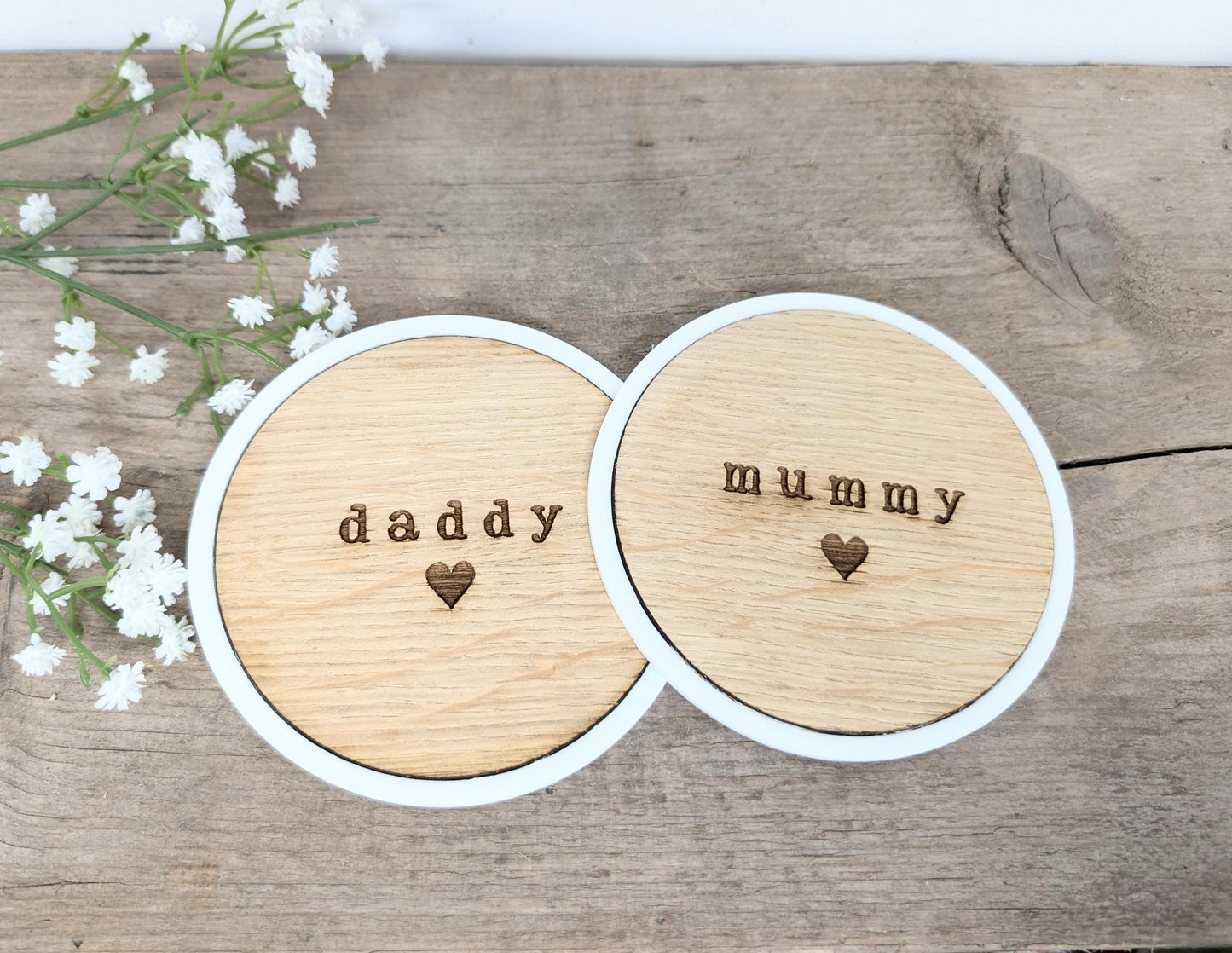 Personalised Mummy and Daddy Set of Coasters, Rustic Wooden Set of 2 Coasters for a Mummy and Daddy. New Baby Gift for New Parents.