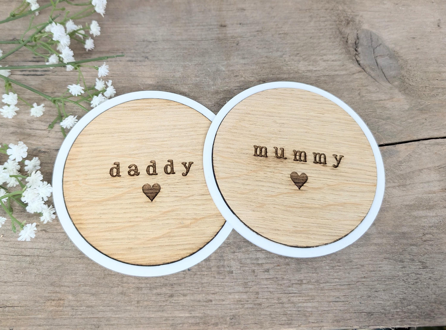 Personalised Mummy and Daddy Set of Coasters, Rustic Wooden Set of 2 Coasters for a Mummy and Daddy. New Baby Gift for New Parents.