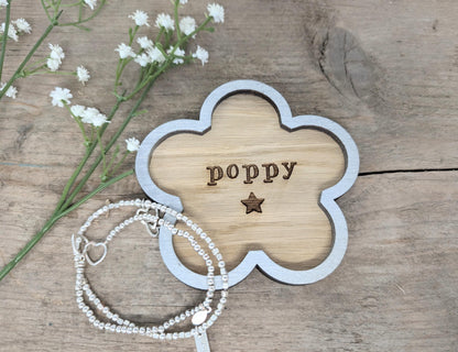 Personalised Named Flower Trinket Dish. Any Name Trinket Tray for all Little Things. Wooden Holder for all Things Trinkets.