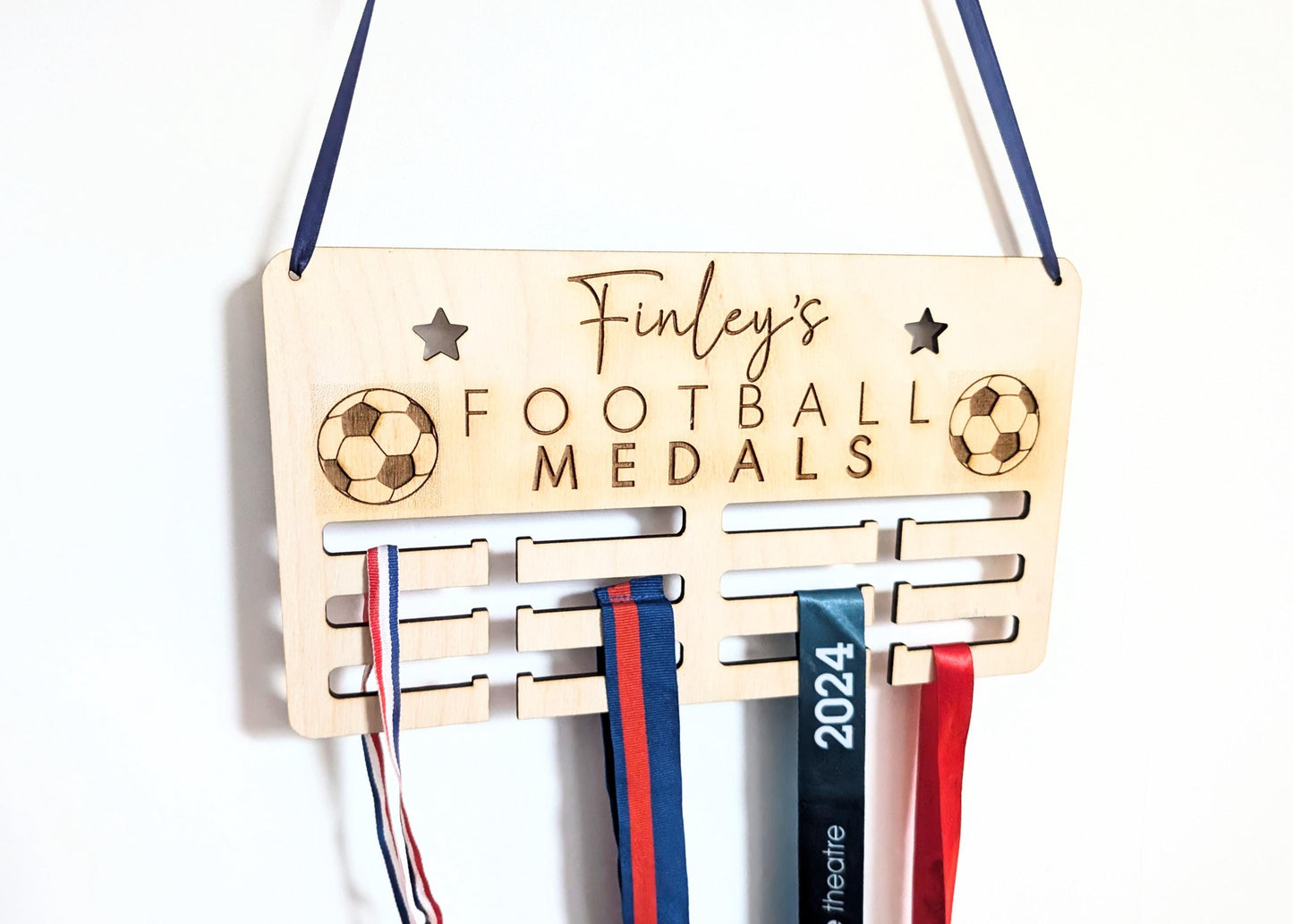 Personalised football medal holder. Wooden football wall medal hanger. Personalised football medal display.  Holder for football medals.