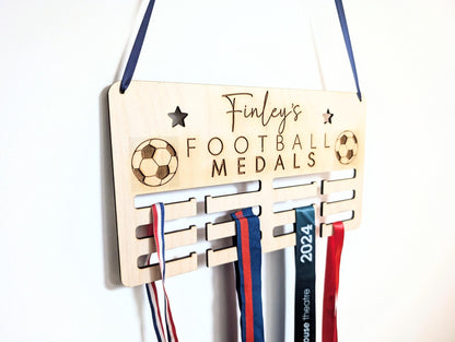 Personalised football medal holder. Wooden football wall medal hanger. Personalised football medal display.  Holder for football medals.