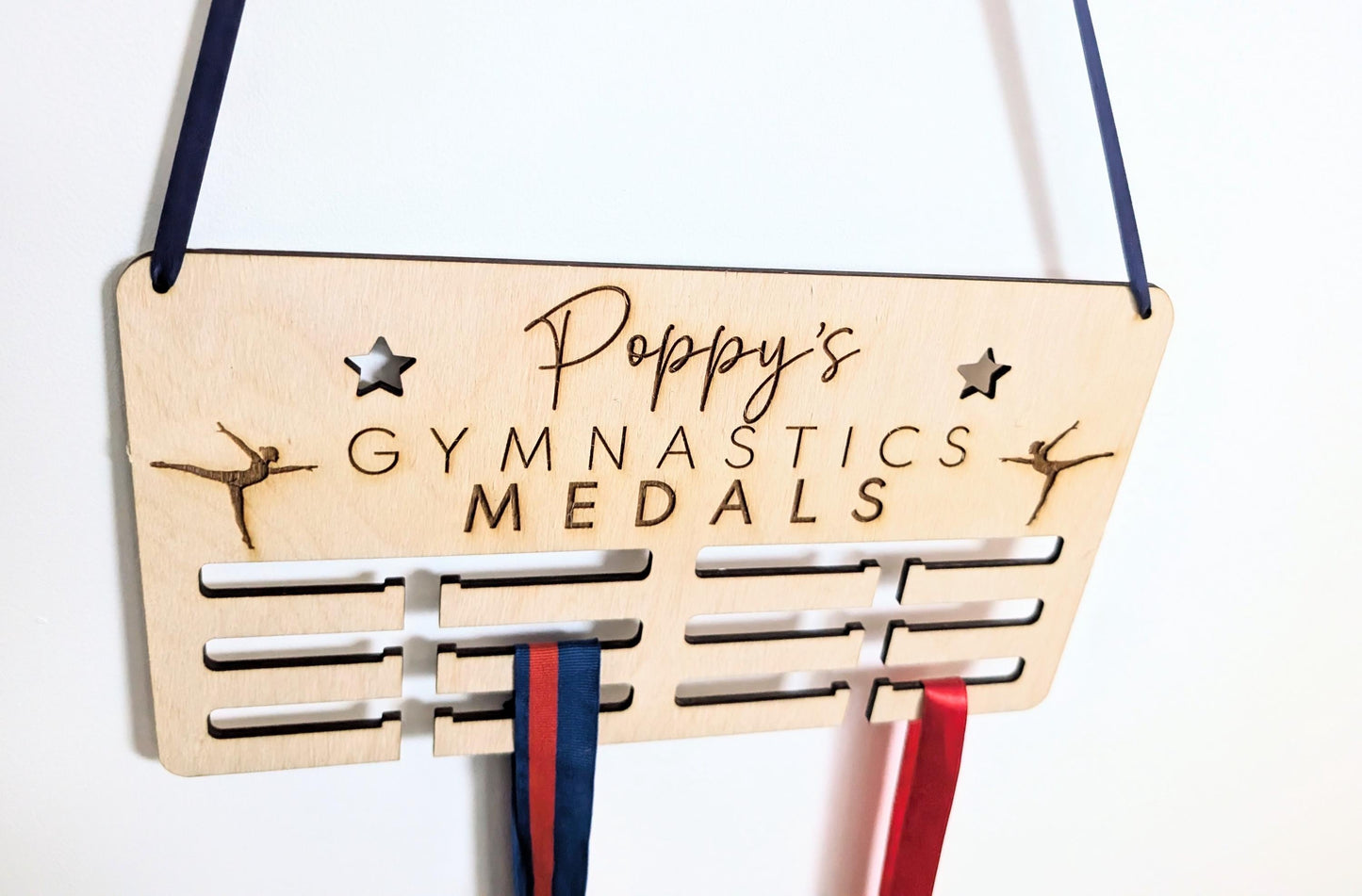 Personalised gymnastics medal holder. Wood wall gymnastics medal hanger. Personalised gymnastics medal display. Medal holder for gymnastics