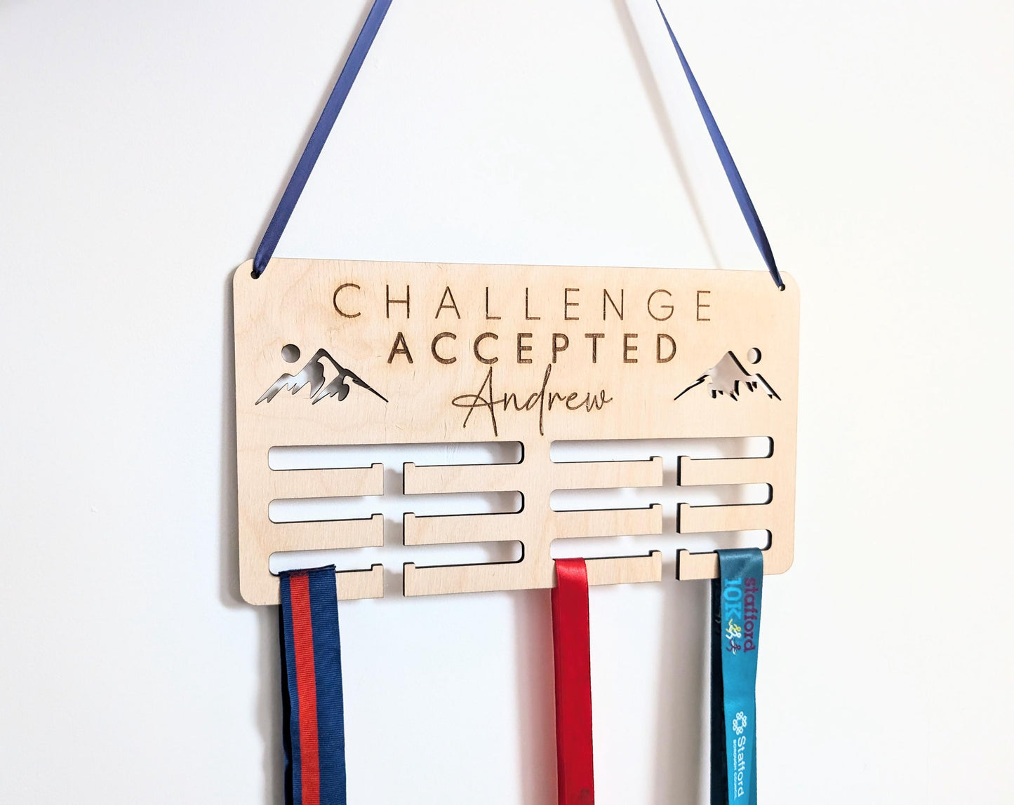 Personalised challenge accepted medal holder. Wooden wall medal hanger. Personalised medal display. Challenge accepted medal holder.