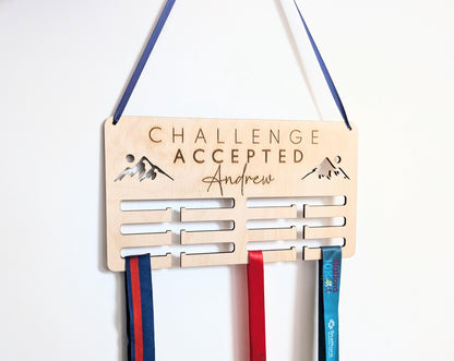 Personalised challenge accepted medal holder. Wooden wall medal hanger. Personalised medal display. Challenge accepted medal holder.