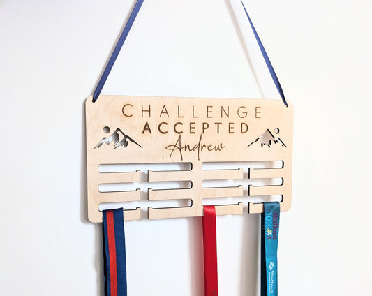 Personalised challenge accepted medal holder. Wooden wall medal hanger. Personalised medal display. Challenge accepted medal holder.