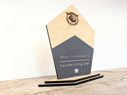 Personalised engraved school teacher trophy award (large, medium, small) - any logo/icon. School trophies from teachers for children.