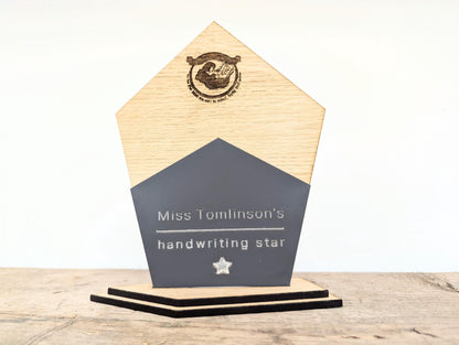 Personalised engraved school teacher trophy award (large, medium, small) - any logo/icon. School trophies from teachers for children.