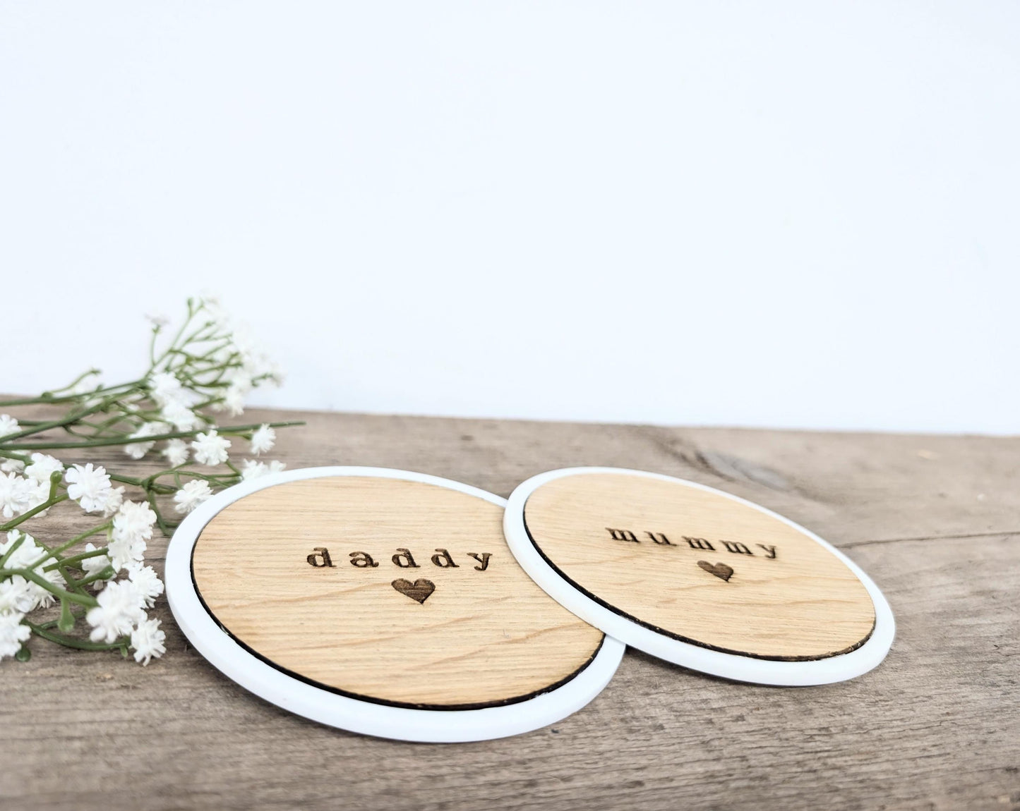 Personalised Mummy and Daddy Set of Coasters, Rustic Wooden Set of 2 Coasters for a Mummy and Daddy. New Baby Gift for New Parents.