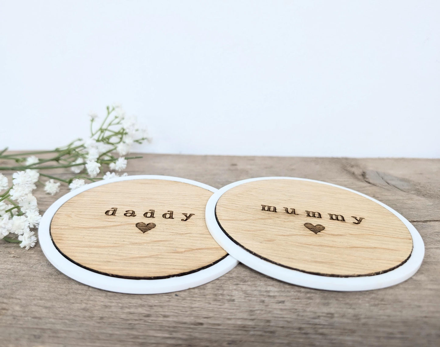 Personalised Mummy and Daddy Set of Coasters, Rustic Wooden Set of 2 Coasters for a Mummy and Daddy. New Baby Gift for New Parents.