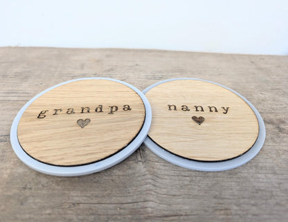 Personalised Grandparents Set of Coasters, Rustic Wooden Set of 2 Coasters for New Grandparents. Gift for Grandma, Grandpa, Grandad, Nana.