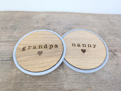 Personalised Grandparents Set of Coasters, Rustic Wooden Set of 2 Coasters for New Grandparents. Gift for Grandma, Grandpa, Grandad, Nana.