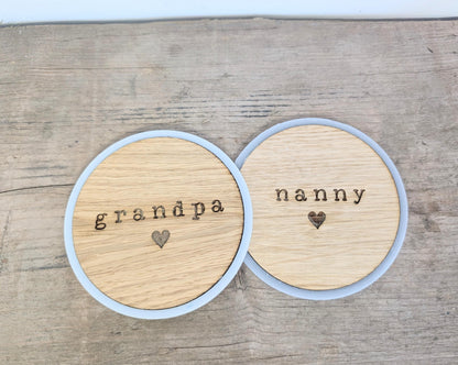 Personalised Grandparents Set of Coasters, Rustic Wooden Set of 2 Coasters for New Grandparents. Gift for Grandma, Grandpa, Grandad, Nana.