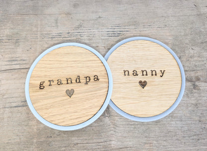 Personalised Grandparents Set of Coasters, Rustic Wooden Set of 2 Coasters for New Grandparents. Gift for Grandma, Grandpa, Grandad, Nana.