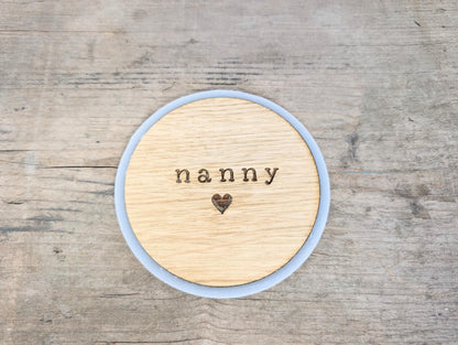 Personalised Nanny Wooden Coaster. Gift for a Grandma. Handmade Grandma, Nana, Nanny Personalised Coaster. Mothers Day Gift for Nanny.